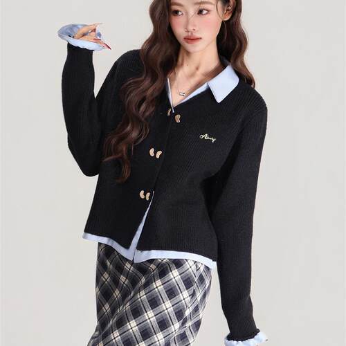 POLO领假两件长袖针织开衫女2026秋冬季新款宽松加厚毛衣外套上衣