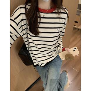 新款撞色条纹慵懒松弛长袖针织衫女秋季内搭宽松遮肚子打底衫上衣