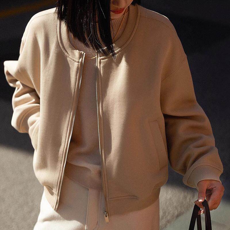 长绒棉双面针织棒球服 高级感卫衣外套2026春款女装黑色短款上衣