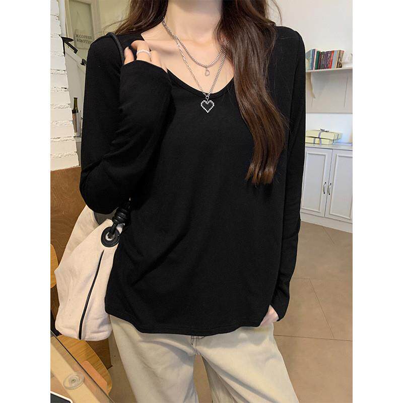 慵懒风垂感白色纯欲u领长袖T恤女早秋内搭辣妹宽松显瘦打底衫上衣