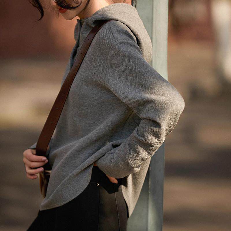 波浪纹缩绉肌理连帽卫衣半门襟立领上衣2026春季新款女装长袖外套