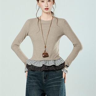 荷叶蕾丝花边下摆长袖磨毛T恤女秋冬修身内搭加绒加厚打底衫上衣