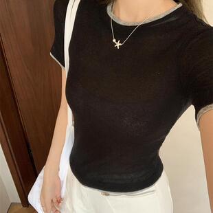 美式撞色圆领正肩设计感短袖T恤女2025夏季新款独特漂亮别致上衣