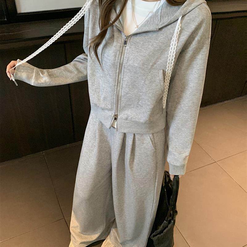 花灰色双拉链蕾丝连帽长袖卫衣外套女2026秋季宽松口袋慵懒风上衣