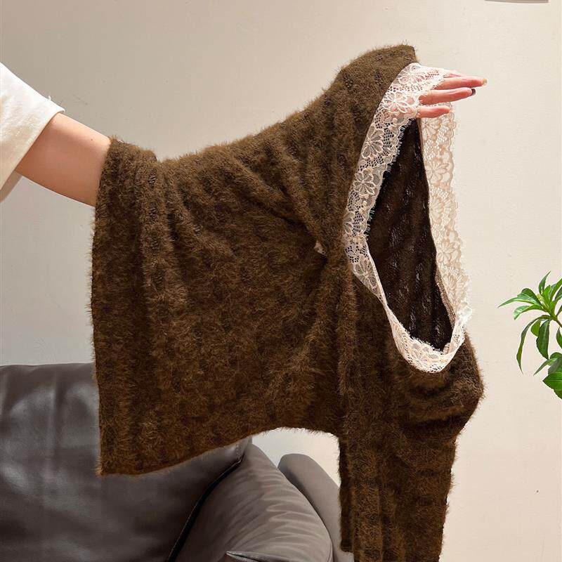 咖色蕾丝V领高级感假两件长袖T恤加厚冬季修身打底内搭外穿上衣女