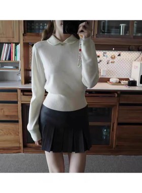 蘑糯糯mono 韩系少女白色娃娃领长袖毛衣女百搭针织衫