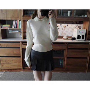 毛衣女百搭针织衫 蘑糯mono 韩系少女白色娃娃领长袖
