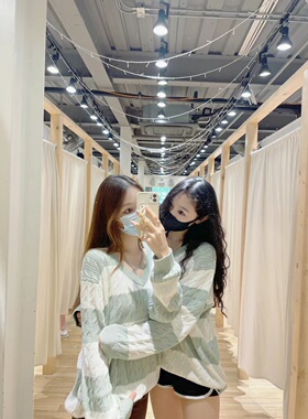 Brandy Girl官网水绿色条纹麻花V领针织衫bm宽松拼接棕色毛衣