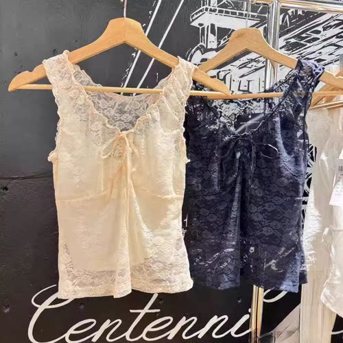 BM性感辣妹蕾丝网纱背心女夏季设计感修身蝴蝶结无袖T恤V领上衣