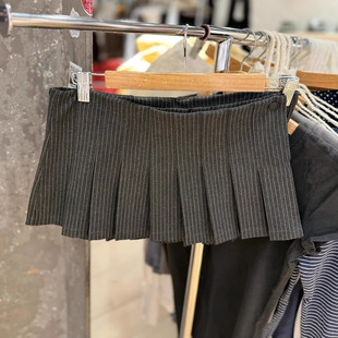 Brandy 复古学院风深灰条纹百褶裙女高腰显瘦A字半身裙短裙 bm美式