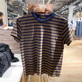 Brandy bm百搭纯棉t恤上衣女ins潮 Girl新款 夏复古条纹拼色短袖
