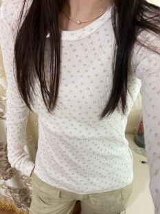 Brandy girl bm橘色碎花正肩长袖T恤春秋新款内搭打底衫修身上衣