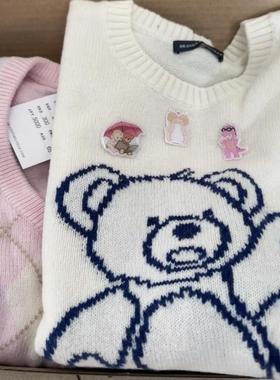 BM白色小熊圆领套头毛衣上衣女bm新年圣诞款慵懒风长袖针织衫女