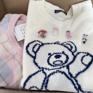 女 针织衫 BM白色小熊圆领套头毛衣上衣女bm新年圣诞款 慵懒风长袖