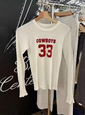 BM秋季新款美式33Cowboys华夫格白色长袖T恤 显瘦打底衫上衣
