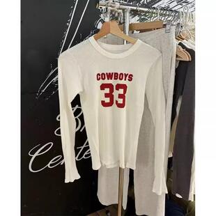 BM秋季新款美式33Cowboys华夫格白色长袖T恤 显瘦打底衫上衣