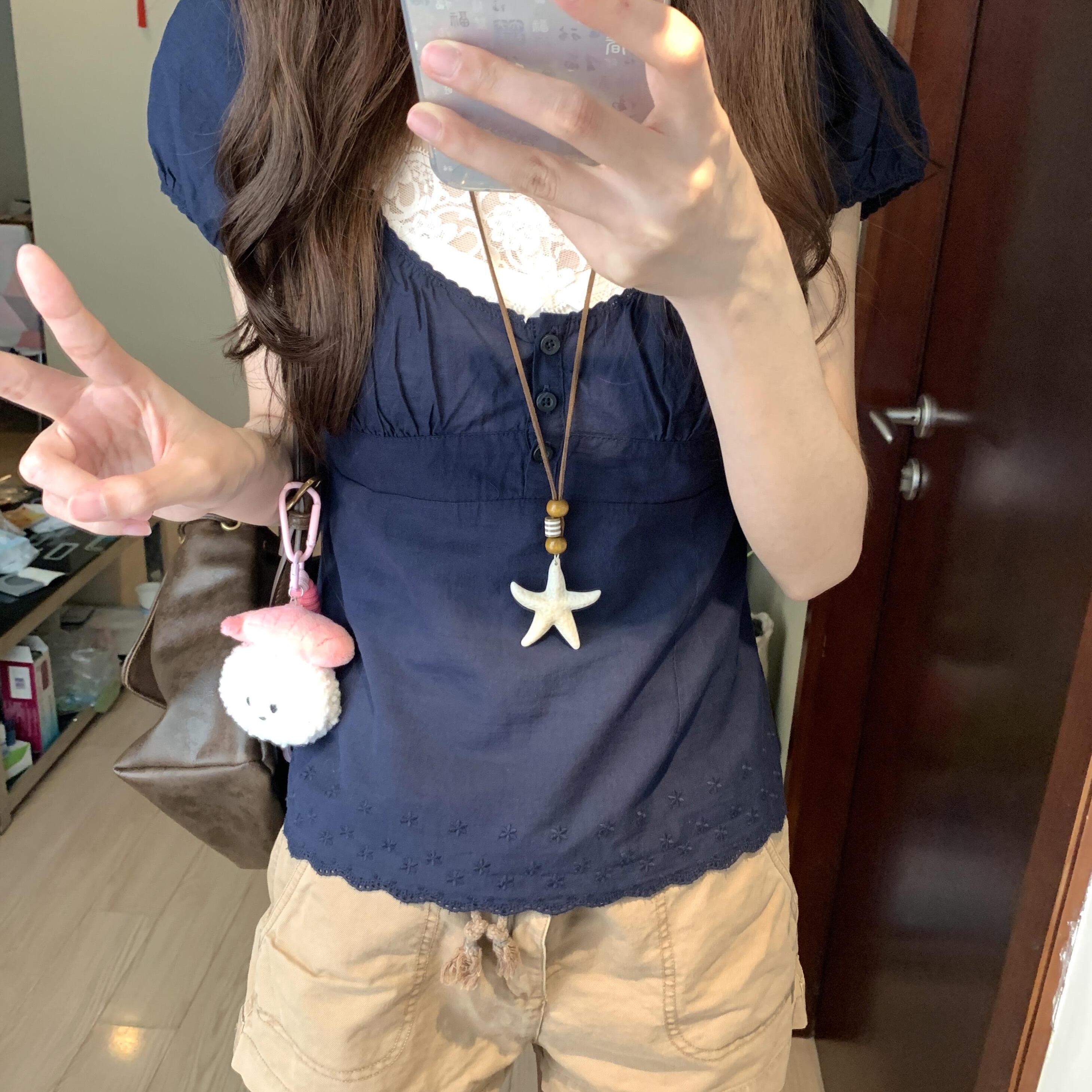 Brandy bm美式复古藏青辣妹方领泡泡袖下摆刺绣衬衫女bm短袖上衣