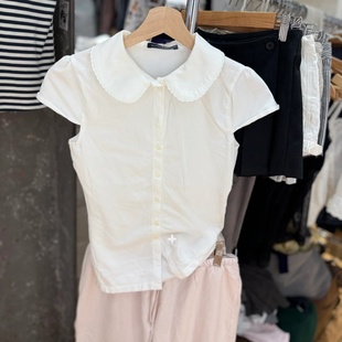 收腰短袖 Brandy 女夏季 学院风甜美减龄白色娃娃领衬衫 上衣 bm法式