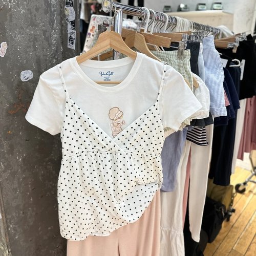 Brandy bm韩系白色波点V领外穿小吊带背心女夏季甜辣风绝美上衣短