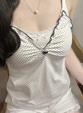 brandy美式辣妹风白色黑波点蝴蝶结打底吊带背心女bm木耳边上衣