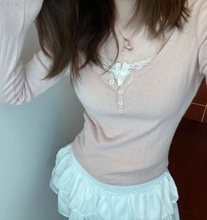 显瘦圆领上衣女春 镂空针织T恤修身 BM风brandy同款 纯欲风粉色长袖