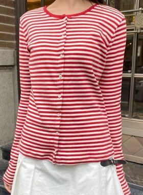Brandy bm圆领红色条纹纽扣长袖T恤女开衫外套韩系打底衫防晒开衫