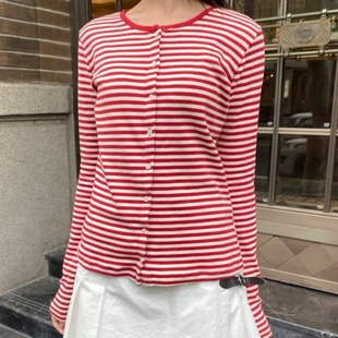 Brandy bm圆领红色条纹纽扣长袖T恤女开衫外套韩系打底衫防晒开衫