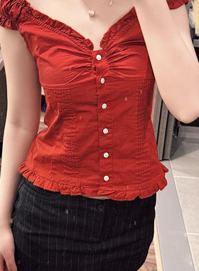 Brandy bm红色法式V领木耳边单排扣短袖衬衫女夏季褶皱显瘦短上衣