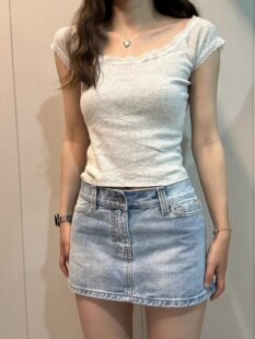 Brandy bm纯欲灰色蕾丝花边短袖T恤女纯棉高腰修身U领短上衣