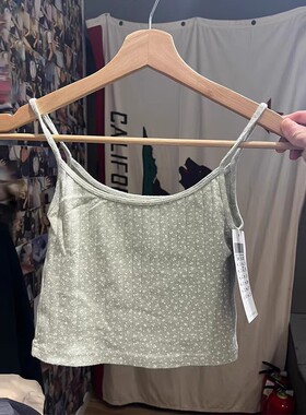 Brandy BM新款复古碎花孔眼短款吊带上衣女bm豆绿色露脐内搭背心