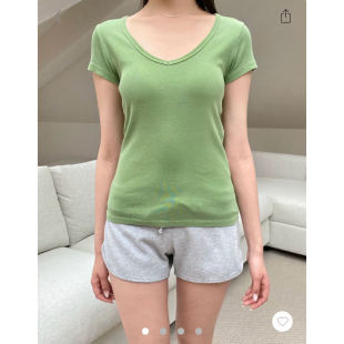 T恤女绿色修身 Brandy 纯棉V领短袖 绿色美式 百搭休闲上衣