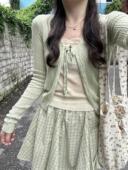 系带bm开衫 Brandy Girl浅绿色小清新镂空针织长袖 防晒上衣女外套