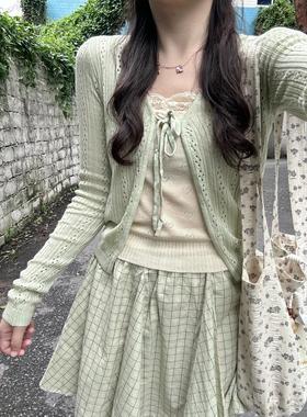Brandy Girl浅绿色小清新镂空针织长袖系带bm开衫防晒上衣女外套