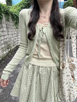 Brandy Girl浅绿色小清新镂空针织长袖系带bm开衫防晒上衣女外套