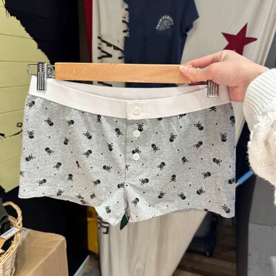 brandy新款灰色骷髅头印花短裤松紧腰休闲裤女夏bm纯棉居家裤显瘦