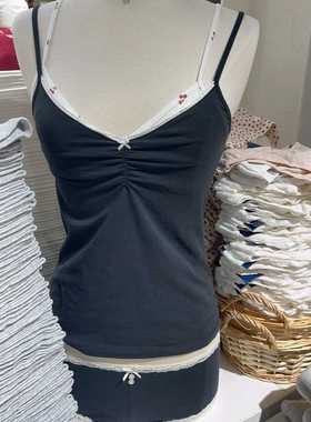 Brandy girl bm黑色花边V领蝴蝶结外穿小吊带背心女新款内搭上衣