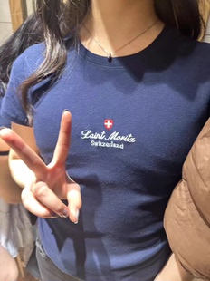 藏青瑞士十字架字母刺绣圆领短袖 Brandy新款 T恤女bm纯棉正肩上衣