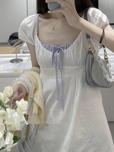Brandy girl bm白色棉质泡泡袖连衣裙女深V领气质收腰显瘦短裙