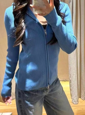 Brandy bm美式宝蓝色连帽拉链针织开衫女修身显瘦百搭毛衣外套