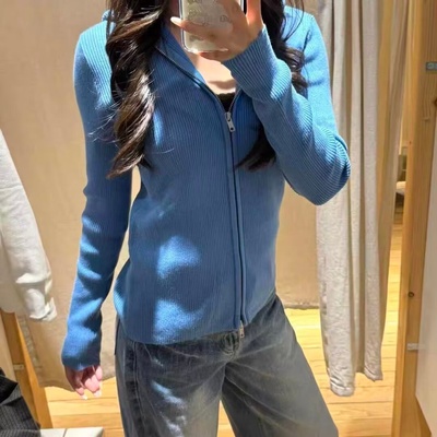 Brandy bm美式宝蓝色连帽拉链针织开衫女修身显瘦百搭毛衣外套