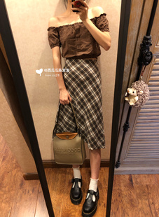 修身 Brandy 复古棕色格纹裙bm简约中长款 新款 显瘦裙子女 Girl