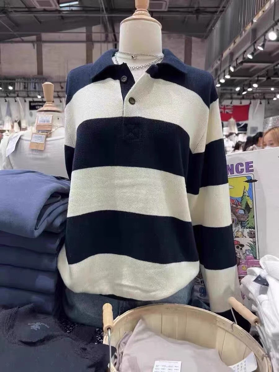 美式条纹毛衣polo领秋季