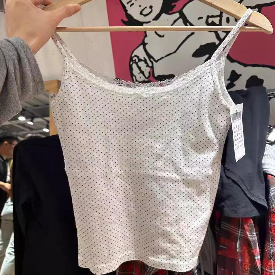 brandy新款波点印花蕾丝吊带背心女纯棉bm蕾丝蝴蝶结甜美短款上衣