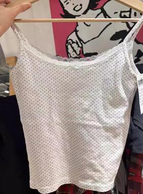 brandy新款波点印花蕾丝吊带背心女纯棉bm蕾丝蝴蝶结甜美短款上衣