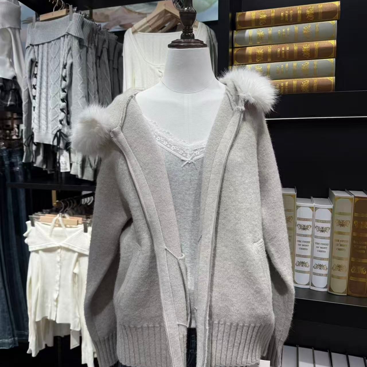 Brandy bm灰色连帽拉链针织开衫女秋冬带毛领宽松毛衣外套