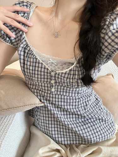 Brandy girl bm美式复古蓝格子三粒扣短袖衬衫女短显瘦泡泡袖上衣