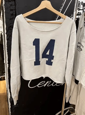 新款灰色卷边领14印花卫衣上衣女bm百搭短款长袖T恤显瘦打底衫