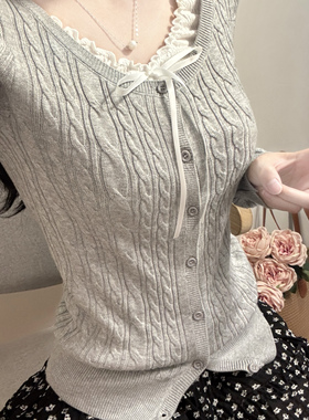 Brandy bm灰色美式麻花针织开衫外套女春秋慵懒高级感毛衣2025新