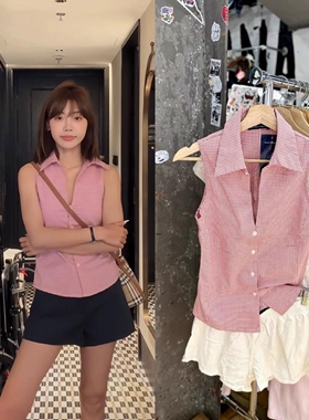 Brandy bm格子短款修身叠穿无袖内搭衬衣衬衫女上衣春秋2025新款