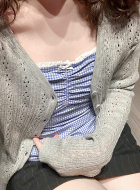 brandy girl深灰色镂空排扣针织开衫长袖薄款外套防晒上衣新款